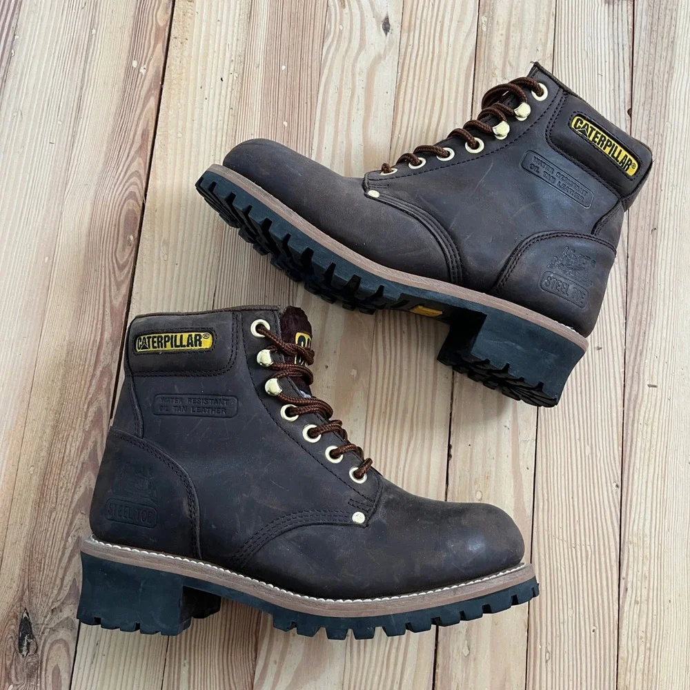 Caterpillar Steel Toe Work Boots Mens 10 Dark Brown Oil Tan Leather Water Resist